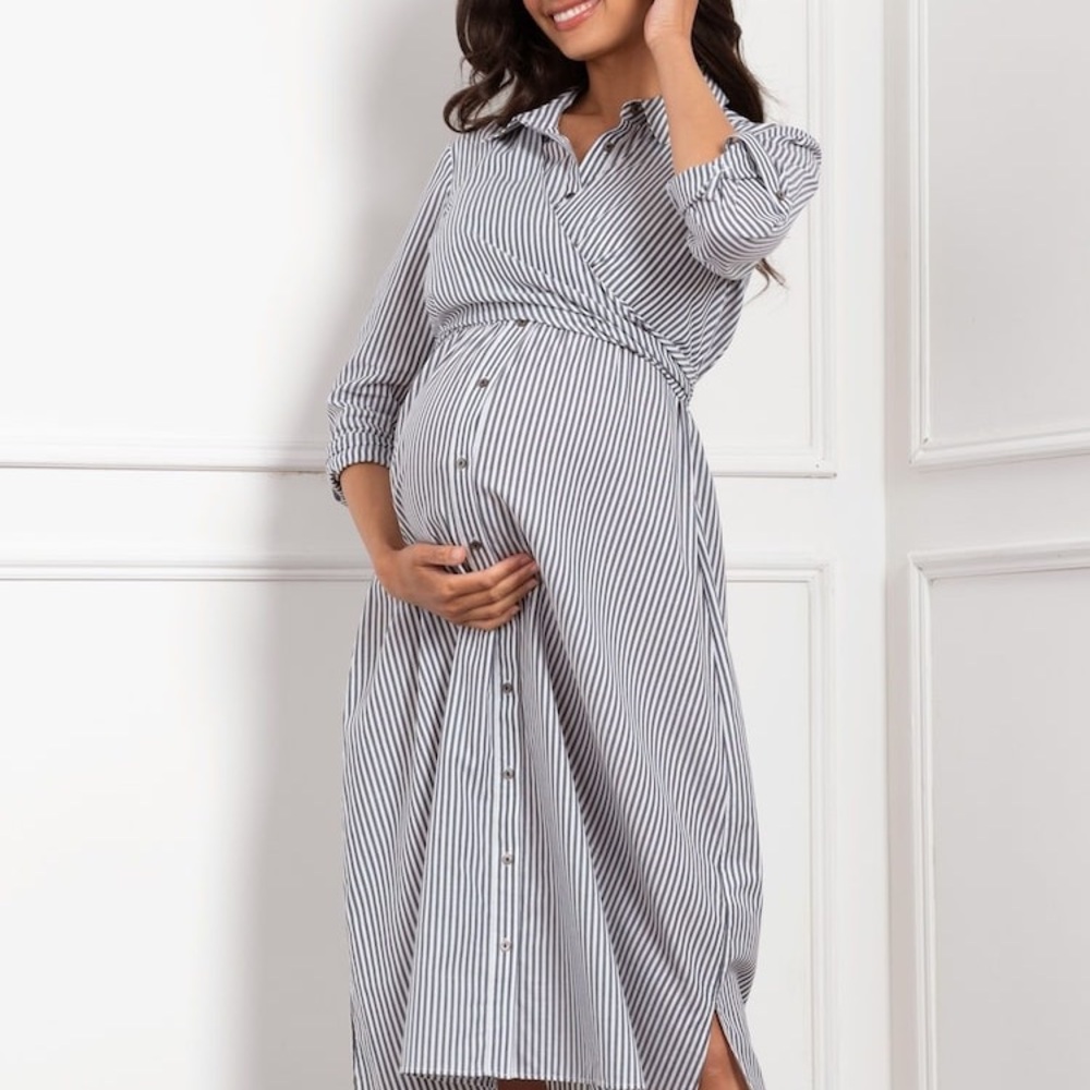 Seraphine |Arianna Cotton Blend Stripe Maternity/Nursing Shirt Midi Dress | US10